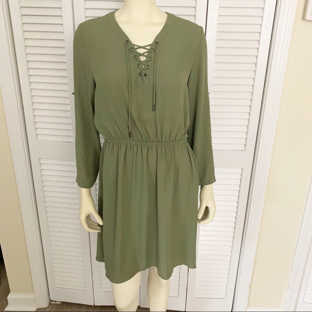 Mossimo Olive Green Lace Up Long Sleeve Dress M - Picture 2 of 8